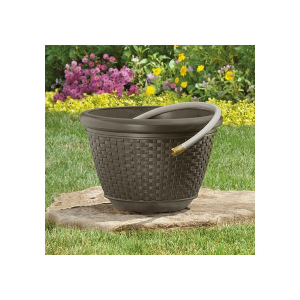 Suncast 100 Foot Resin Wicker Garden Water Hose Storage Holder Pot (2 Pack)