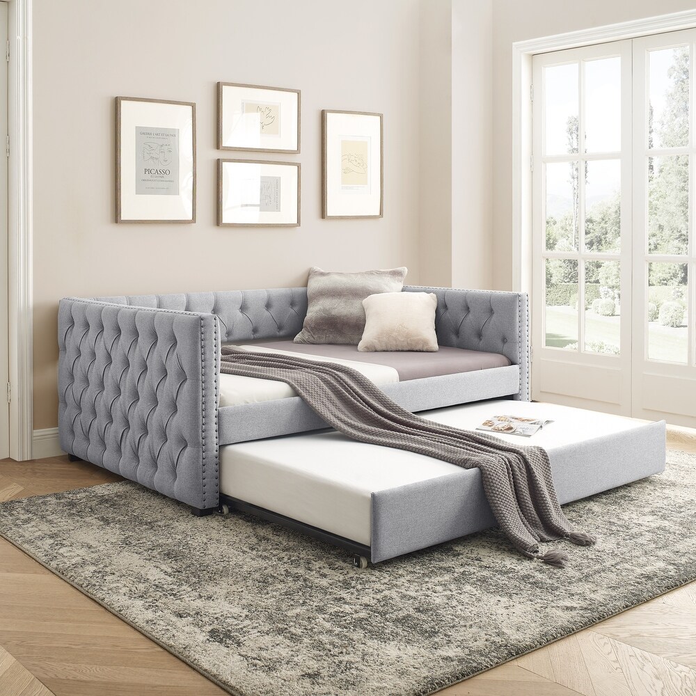 Daybed with Trundle Upholstered Tufted Sofa Bed  with Button and Copper Nail on Square Arms，Full Daybed   Twin Trundle