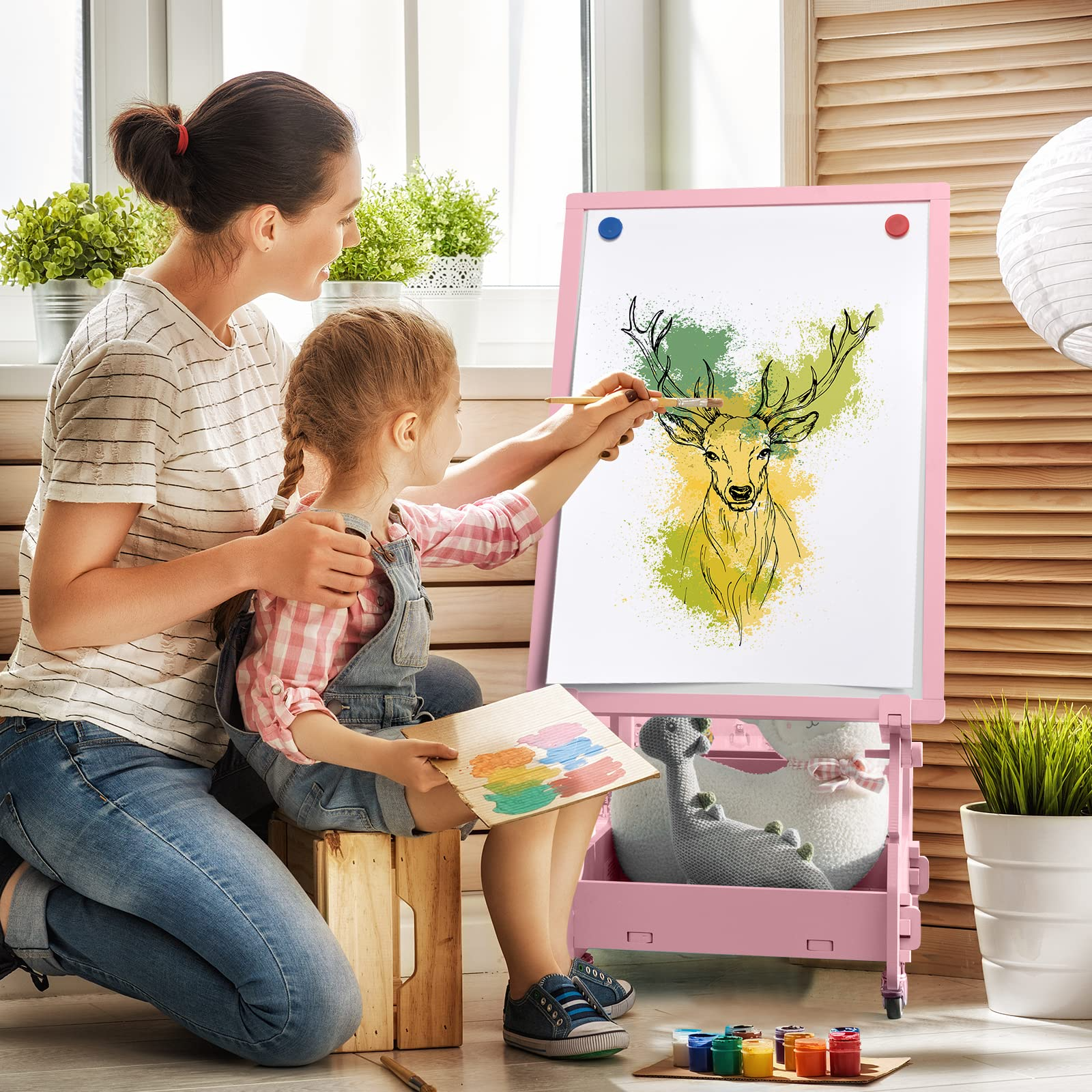 Costzon Kids Art Easel with Lockable Wheels, Height Adjustable Magnetic Removable Painting Board with Storage