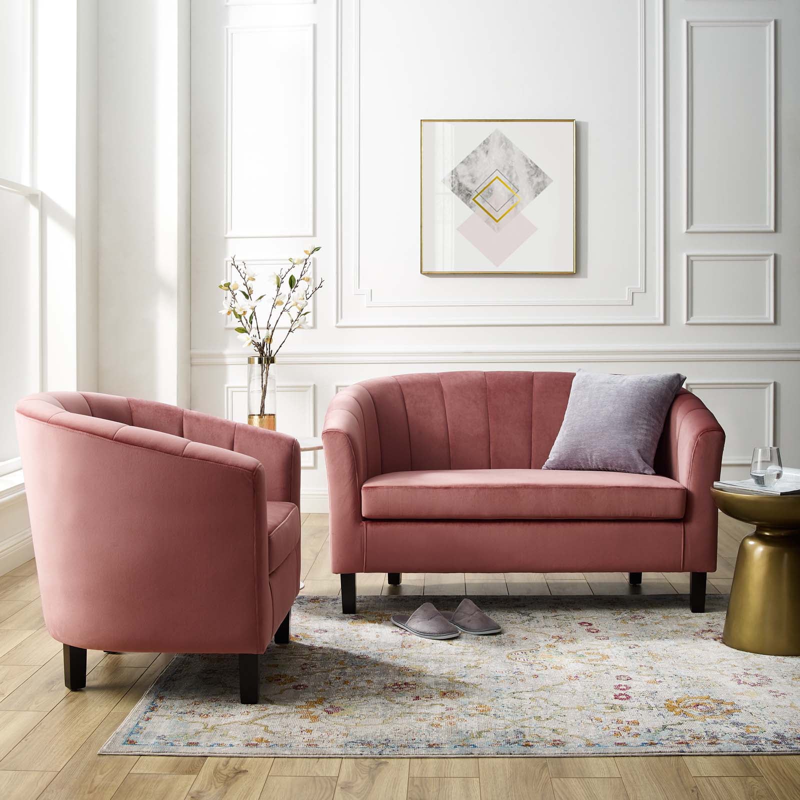 Prospect Channel Tufted Performance Velvet Loveseat and Armchair Set, Dusty Rose