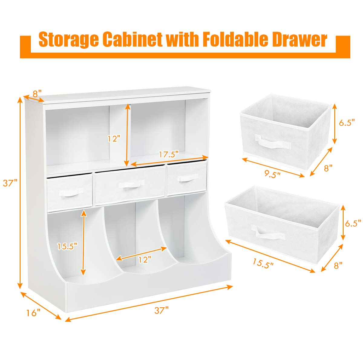 3-Tier Kids Bookcase Toddler Storage Organizer Cabinet Shelf w/ 8 Compartment Box and 3 Removable Drawers for Children