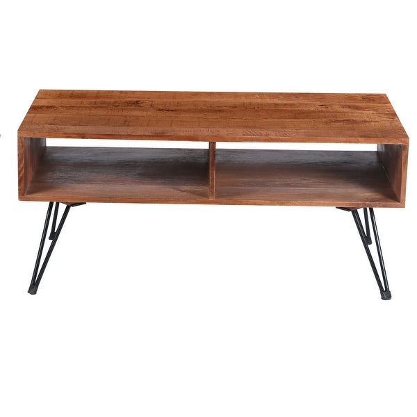 42 Inch Handcrafted Mango Wood Coffee Table with Metal Legs， Brown