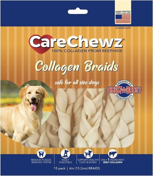 Pet Factory CareChewz 6 to 7-inch Collagen Braids Natural Flavored Dog Hard Chews， 15 count