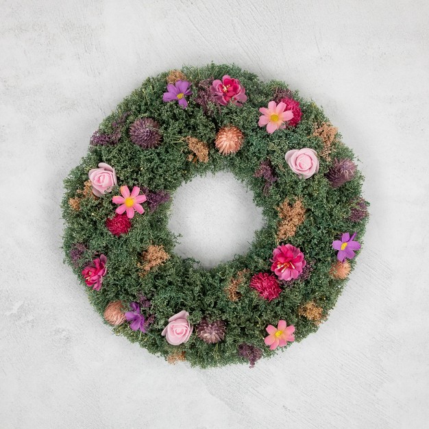 Pink Rose And Purple Thistle Mixed Floral Spring Wreath