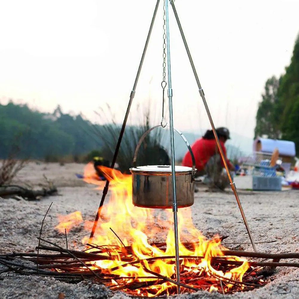 Outdoor Camping Tripod Cookware Cooking BBQ Grill Campfire Pot Tool Fire Hanging Rack Triangle Stand For Hiking Travel