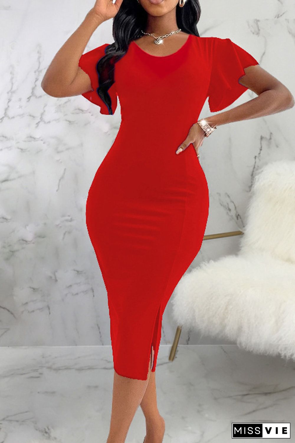 Elegant Solid Patchwork Slit Zipper O Neck Wrapped Skirt Dresses