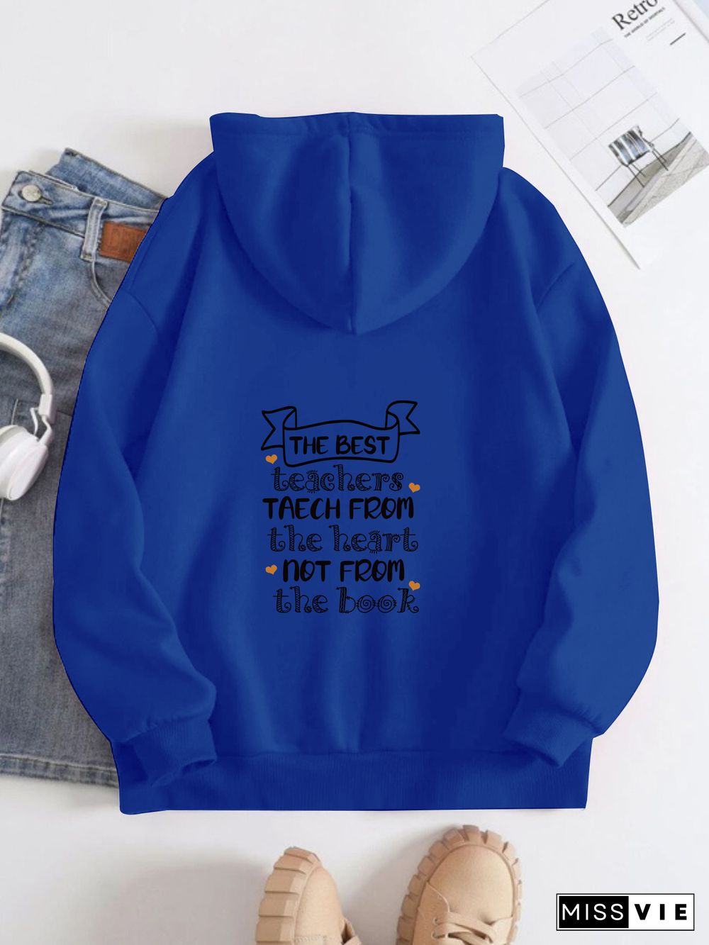 Printed on the Back Kangaroo Pocket Hoodie Long Sleeve for Women Pattern Best teacher greetings