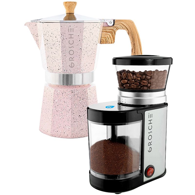 GROSCHE Milano Stone Stovetop Espresso Coffee Maker and Electric Burr Coffee Grinder Bundle