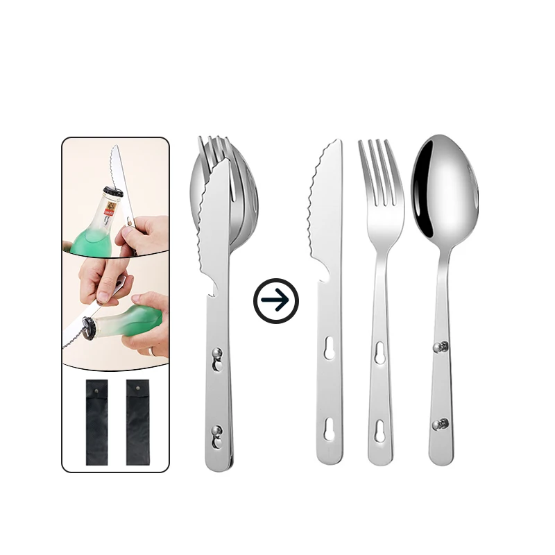 3 in 1 Camping Utensils Hiking Cutlery Set Portable Stainless Steel Flatware Spoon Fork Knife Bottle Opener Chopstick Combo pack