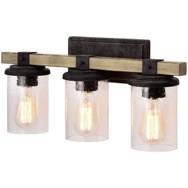 3-light Woodgrain and Black Textured Vanity Light with Clear Seeded Glass - W22