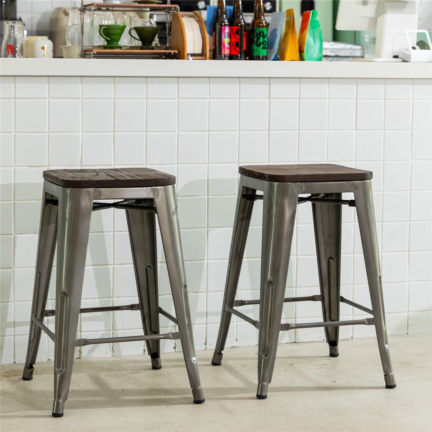 Homy Casa Stackable Metal Counter Stools with Solid Wood Seat