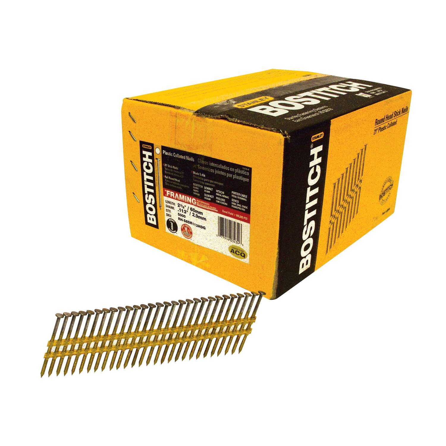 Stanley Bostitch 2-3/8 in. 10 Ga. Plastic Strip Hot-Dip Galvanized Framing Nails 21 deg 5，000 pk