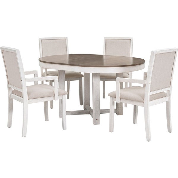 5 piece furniture set， round to oval expandable butterfly leaf dining table and 4 upholstered chairs with armrests， 5 pieces