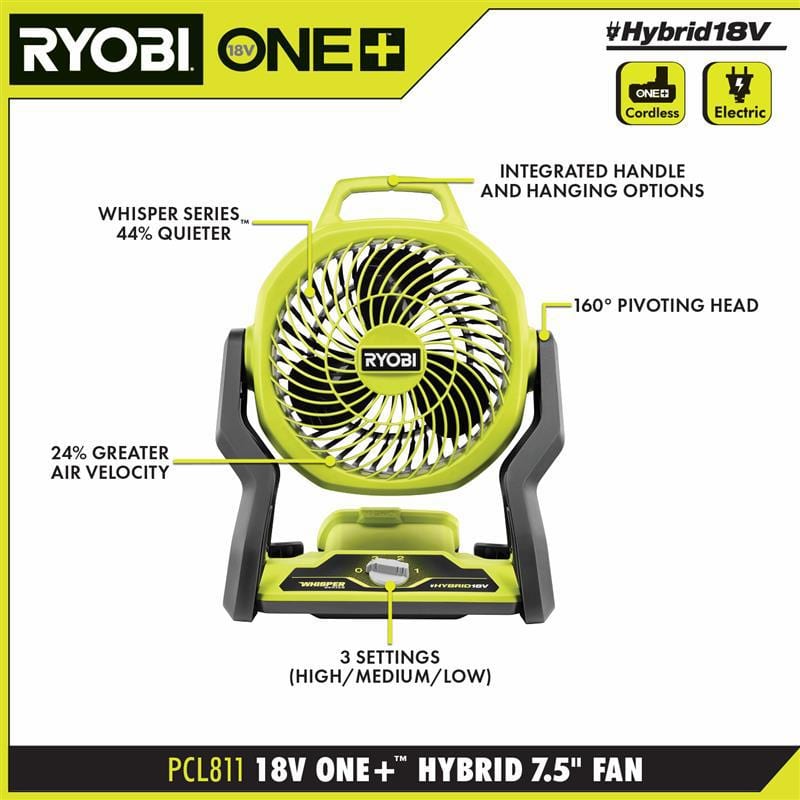 RYOBI ONE+ 18V Cordless Hybrid WHISPER SERIES 7-1/2 in. Fan Kit with 4.0 Ah Battery and Charger PCL811K1N