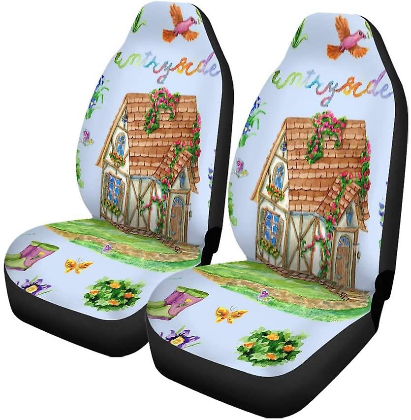 Set Of 2 Car Seat Covers Cute Cottage House Well Bush Flowers And Garden Universal Auto Front Seats Protector Fits For Car，suv Sedan，truck