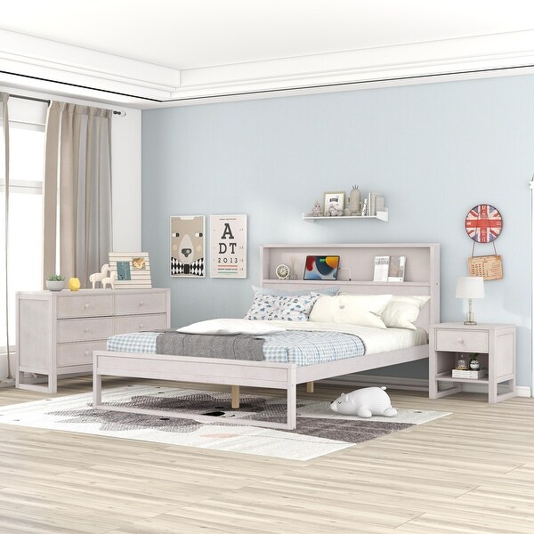 3 Pieces Bedroom Sets Queen Size Platform Bed with Nightstand and Dresser - - 36692569