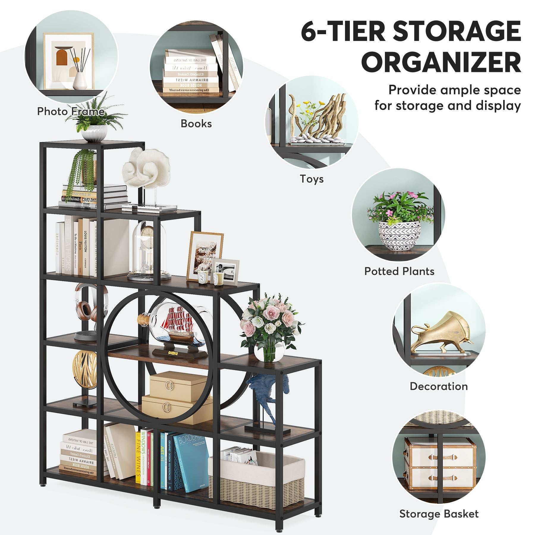 65 Ladder Bookshelf, 6-Tier Bookshelf 12 Cubes Stepped Etagere Bookcase