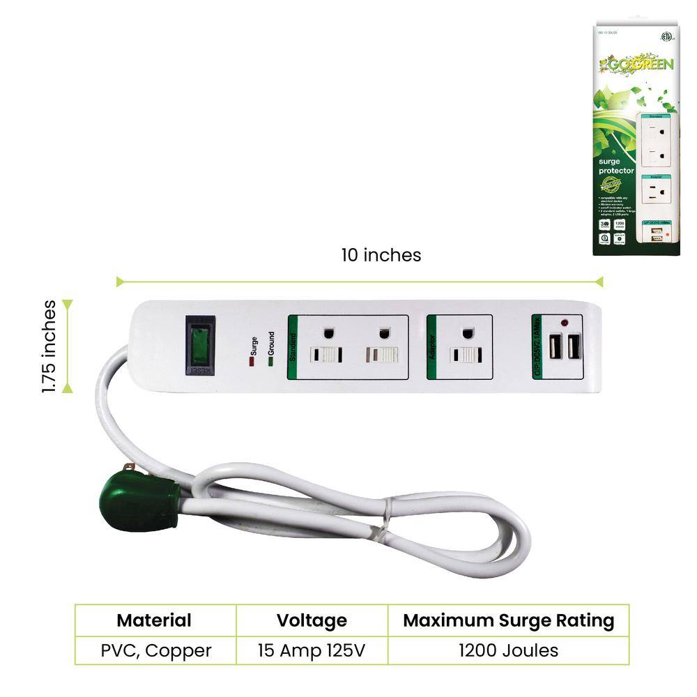 GoGreen Power 3 Outlets Surge Protector w 2 USB Ports GG-13103USB