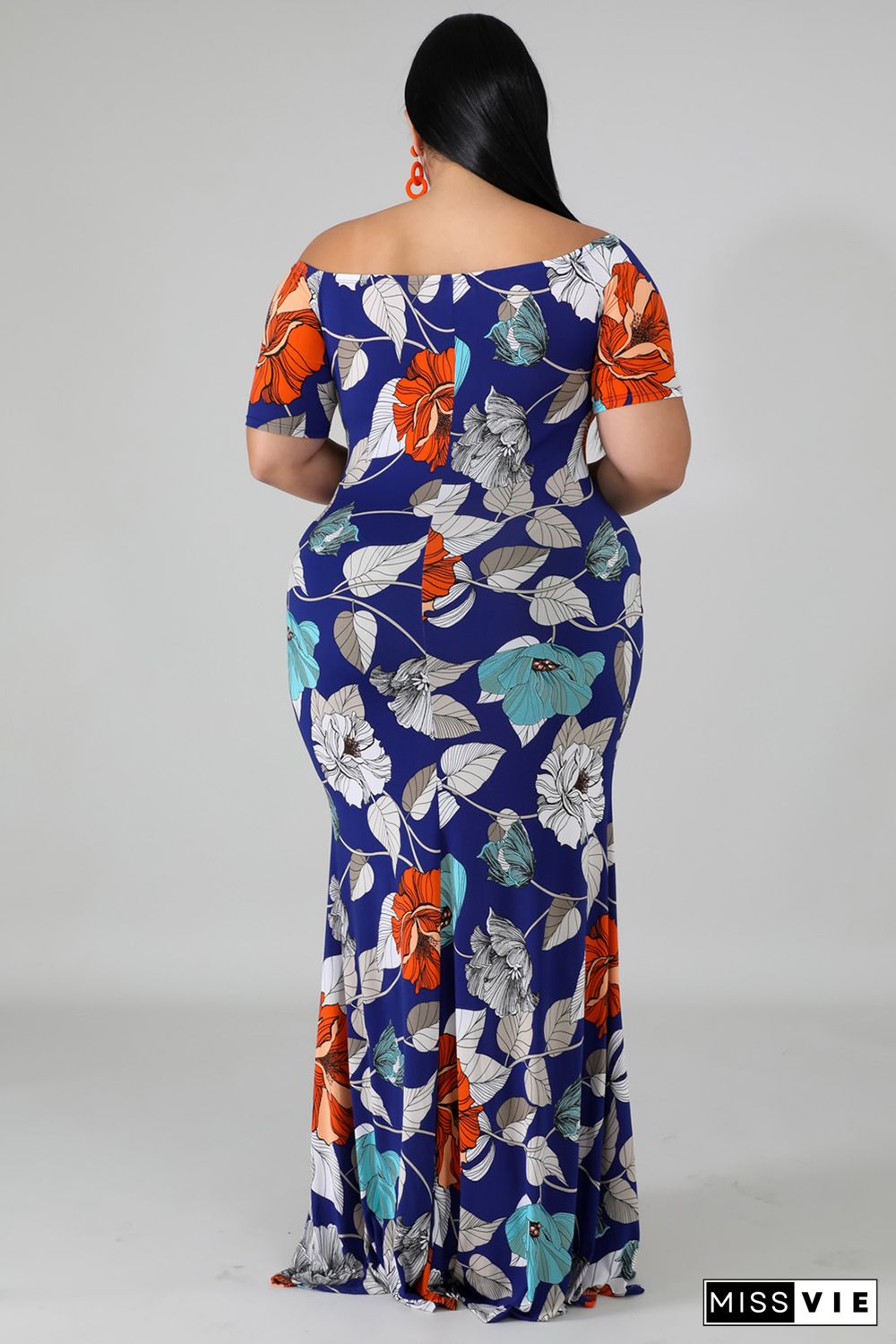 Blue Off-the-shoulder Floral Print Plus Size Maxi Dress