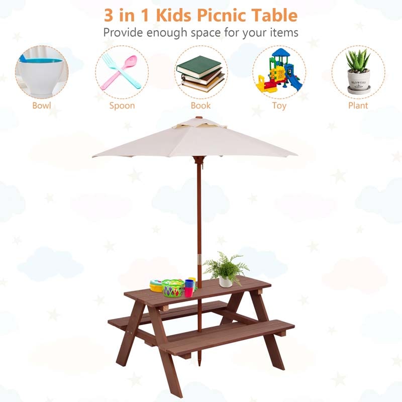 4-Seat Outdoor Kid's Wood Picnic Table Bench Set with Umbrella, Children Activity Table with Built-in Benches