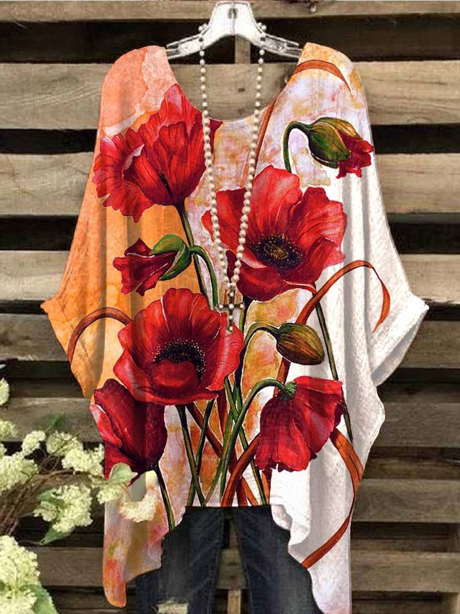 Round Neck Casual Loose Floral Print Short Sleeve Blouse