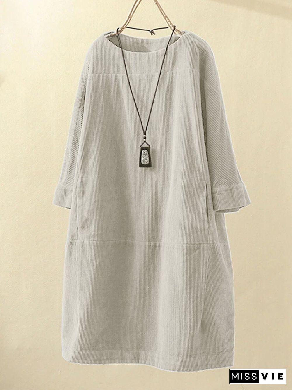 Pleated Long Sleeve Casual Solid Casualdress Linen