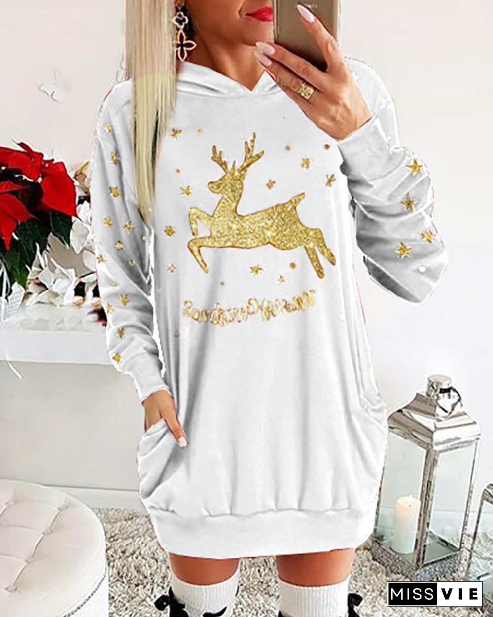 Christmas Moose Letter Print Dress P10811