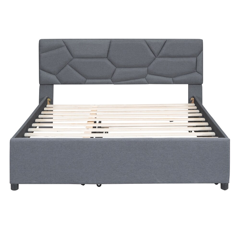 Queen Size Upholstered Platform Bed with Linen Fabric Brick Pattern Headboard and Twin XL Size Trundle Bed Frame