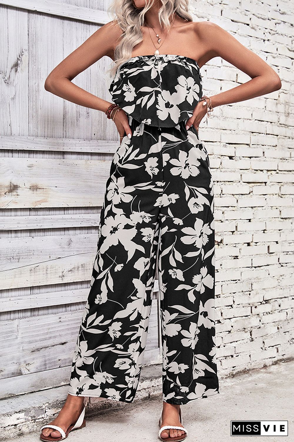 Strapless Ruffles Floral Jumpsuit