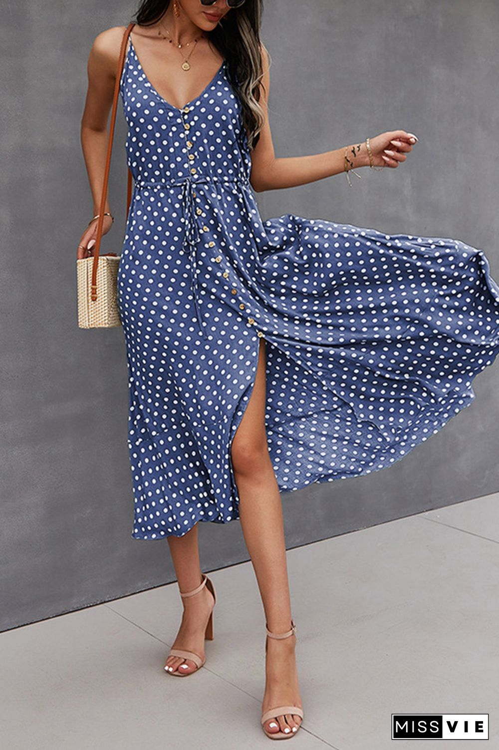 Polka Dots Sleeveless Midi Dress Wholesale