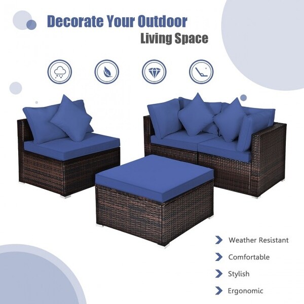 4 Pcs Ottoman Garden Deck Patio Rattan Wicker Furniture Set Cushioned Sofa - 29