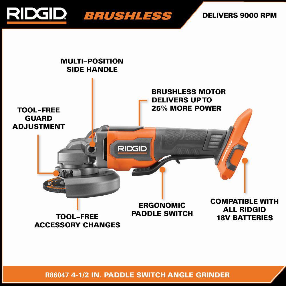 RIDGID 18V Brushless Cordless 4-12 in. Angle Grinder Kit with 4.0 Ah Battery and Charger R86047KN