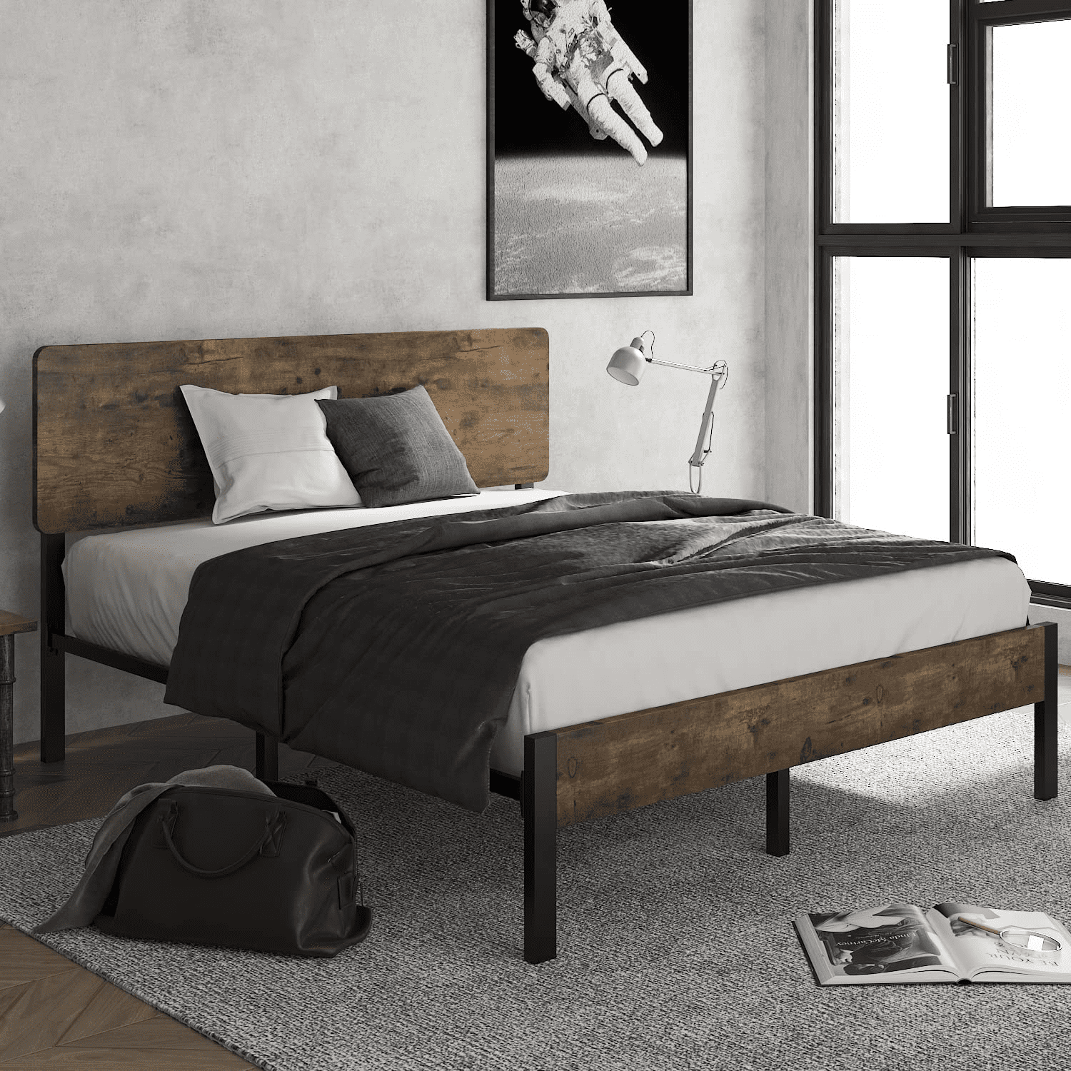 Einfach Queen Size Wood Bed Frame with Rustic Headboard and Footboard, Brown