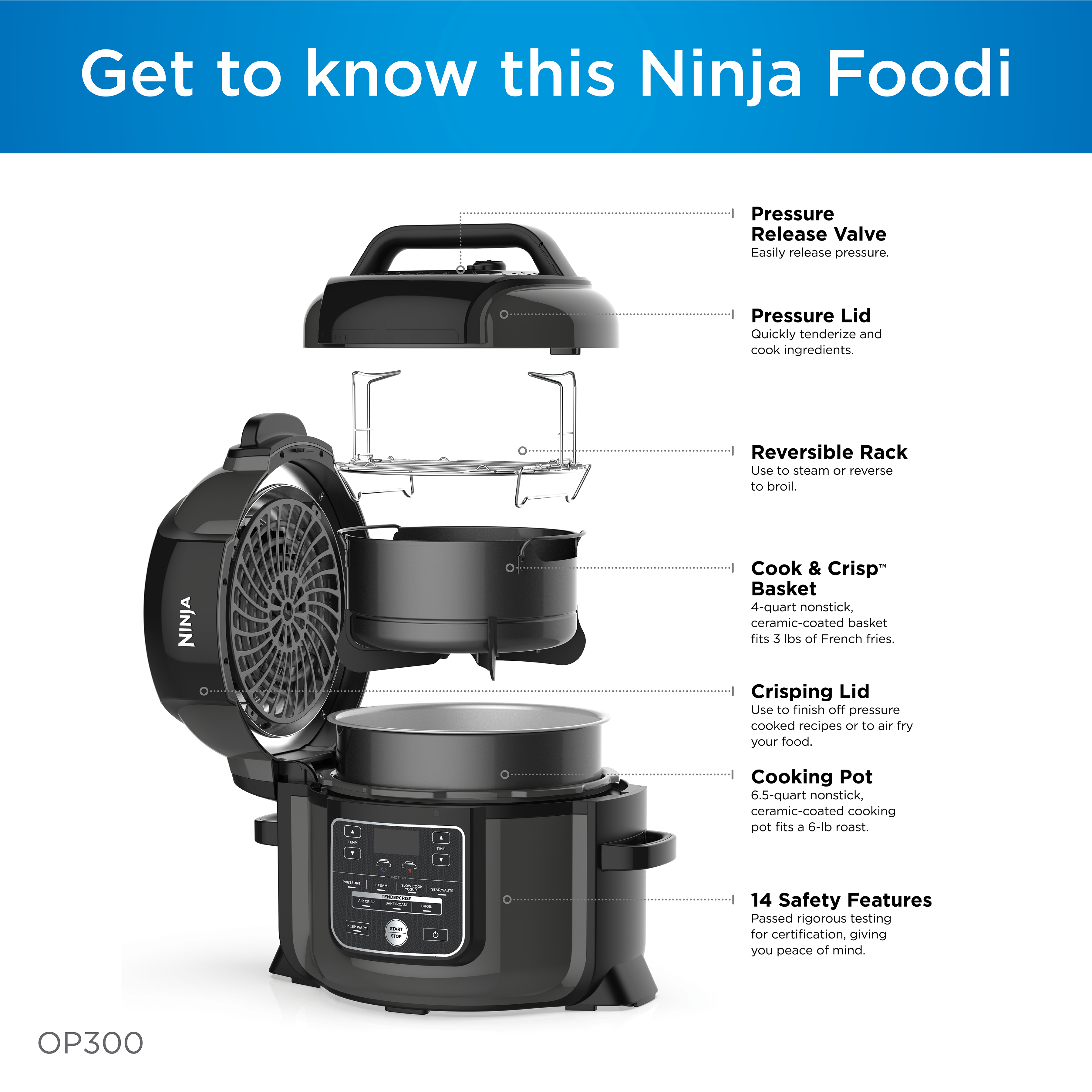 Ninja Foodi TenderCrisp 8-in-1 6.5-Quart Pressure Cooker， OP300