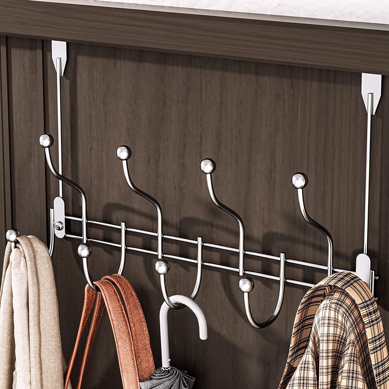 Over Door Towel Rack Hook Hanger with 9 Hooks, Heavy-Duty Hook Coat Rack with High Bearing Capacity for Hanging Clothes, Coat, Bag, Robe, Heavy Jackets, Towel, Silver(15.4