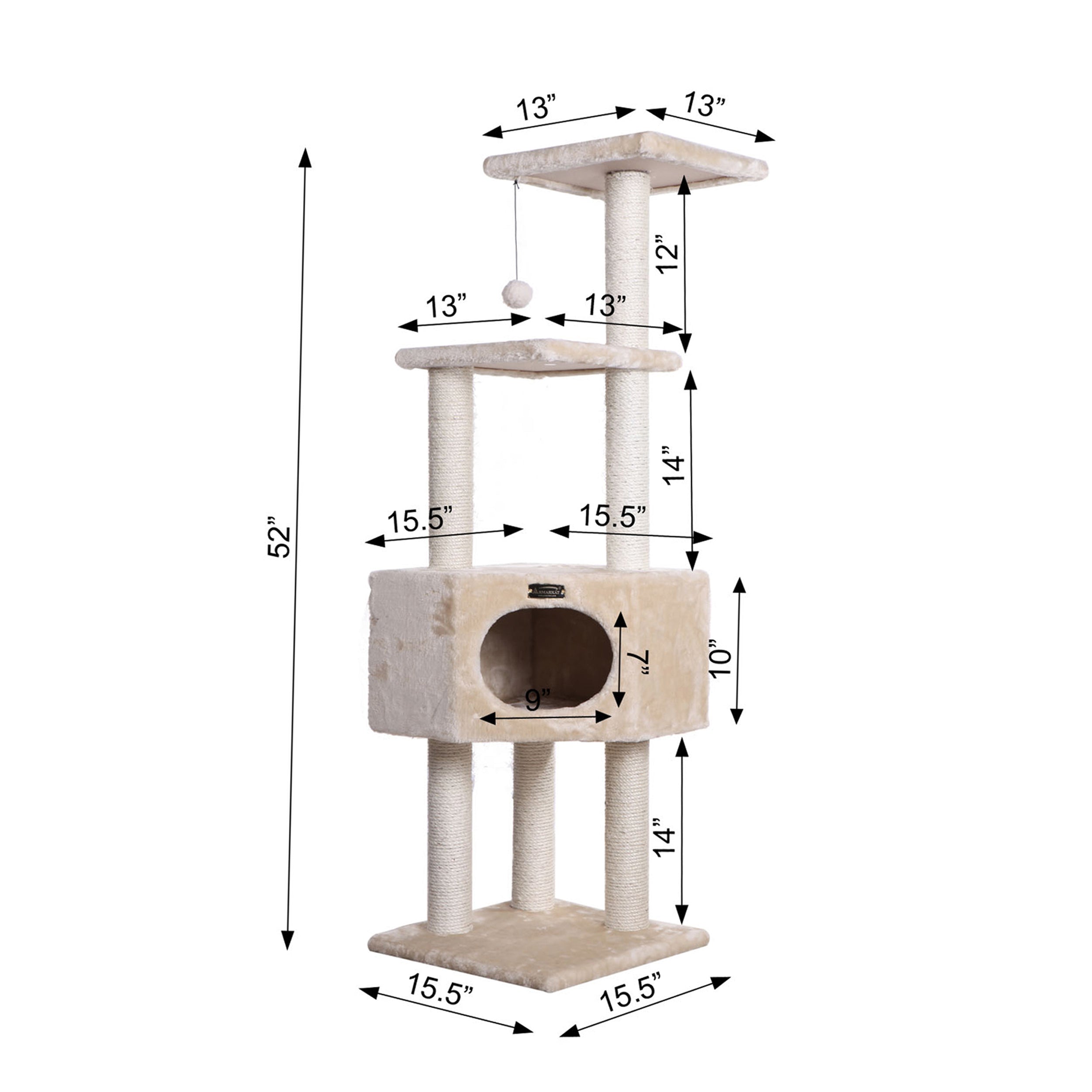 Armarkat 52-in real wood Cat Tree and Condo Scratching Post Tower， Beige