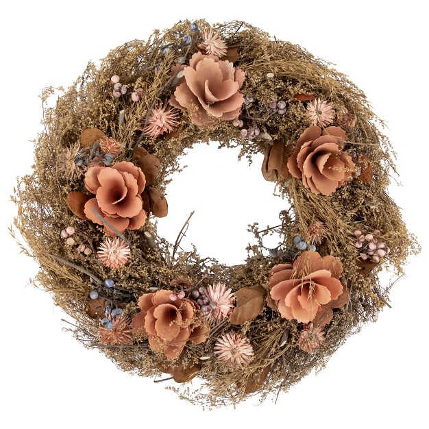 Northlight Orange And Coral Pink Twig And Floral Autumn Harvest Wreath 13 75 inch Unlit