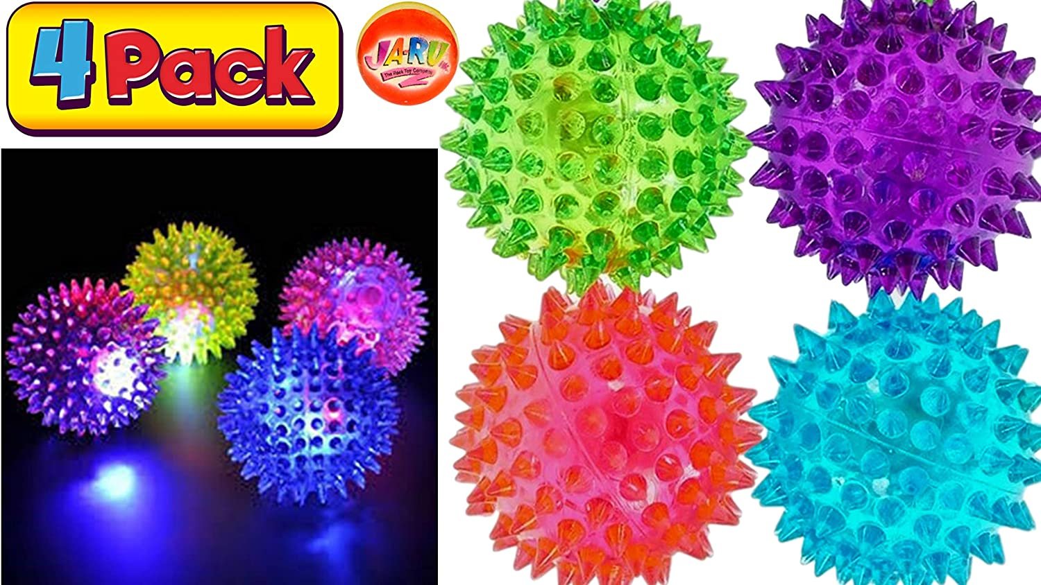 Light Up Spike Rubber Ball ( Pack of 4 ) Strobe Flashing Lights Soft Colorful Cool Bouncy Stress Ball Fidget Ball Toys . Great Party Favor in Bulk . Therapy Balls 2 . 5 Inch . Plus 1 Sticker. | 69