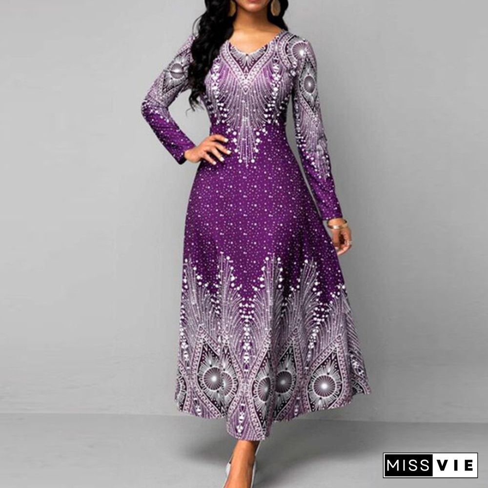 V-neck Retro Print Long-sleeved Dress Spring and Autumn Women's Clothing