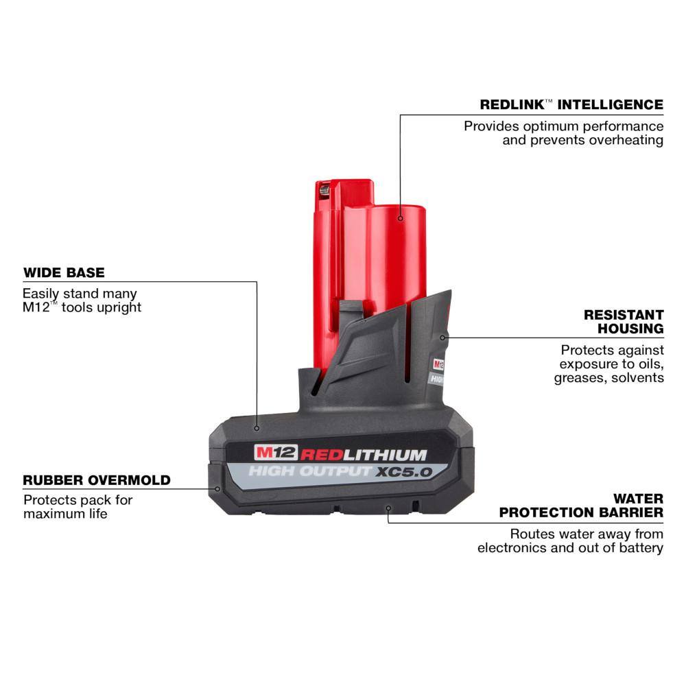 MW M12 12V Lithium-Ion XC High Output 5.0Ah Battery Pack WHigh Output 2.5Ah Battery Pack + Multi-Tool 48-11-2452S-2426-20