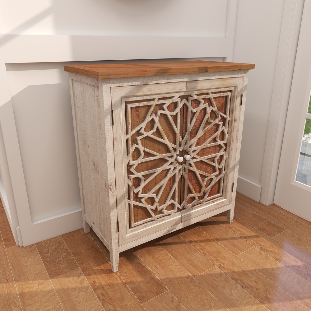 Brown Wood Farmhouse Cabinet with Carved Relief Overlay   14\