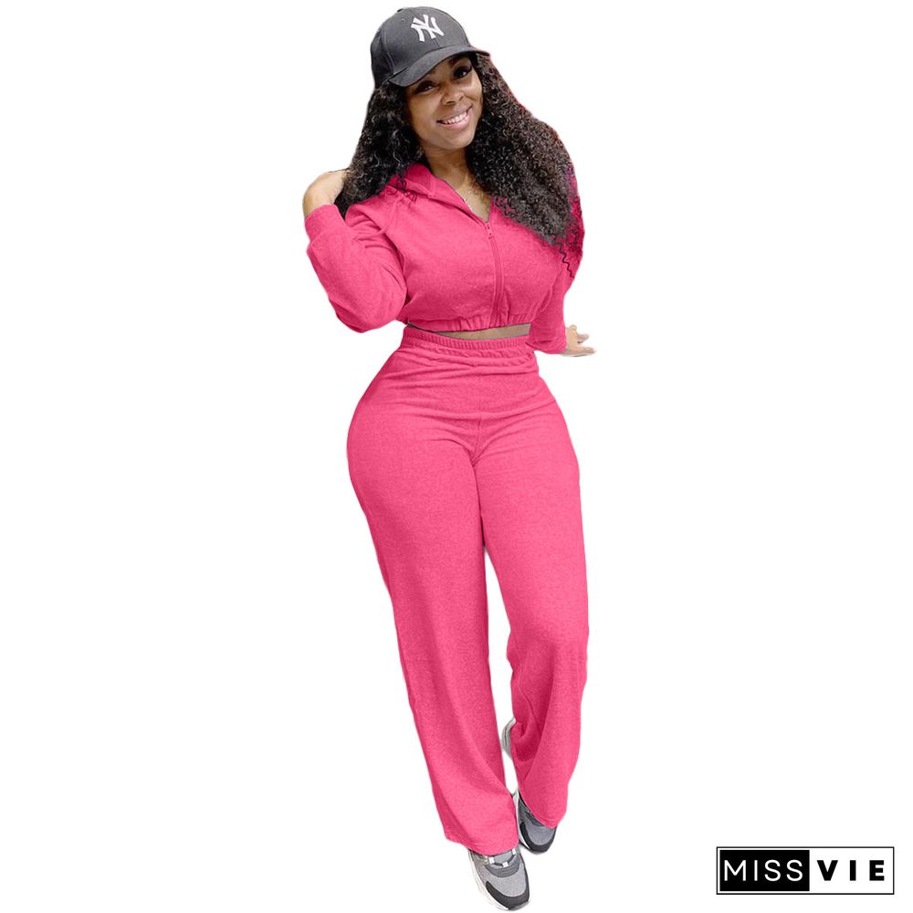 Solid Color Hooded Crop Top Wide Leg Pants Tracksuit