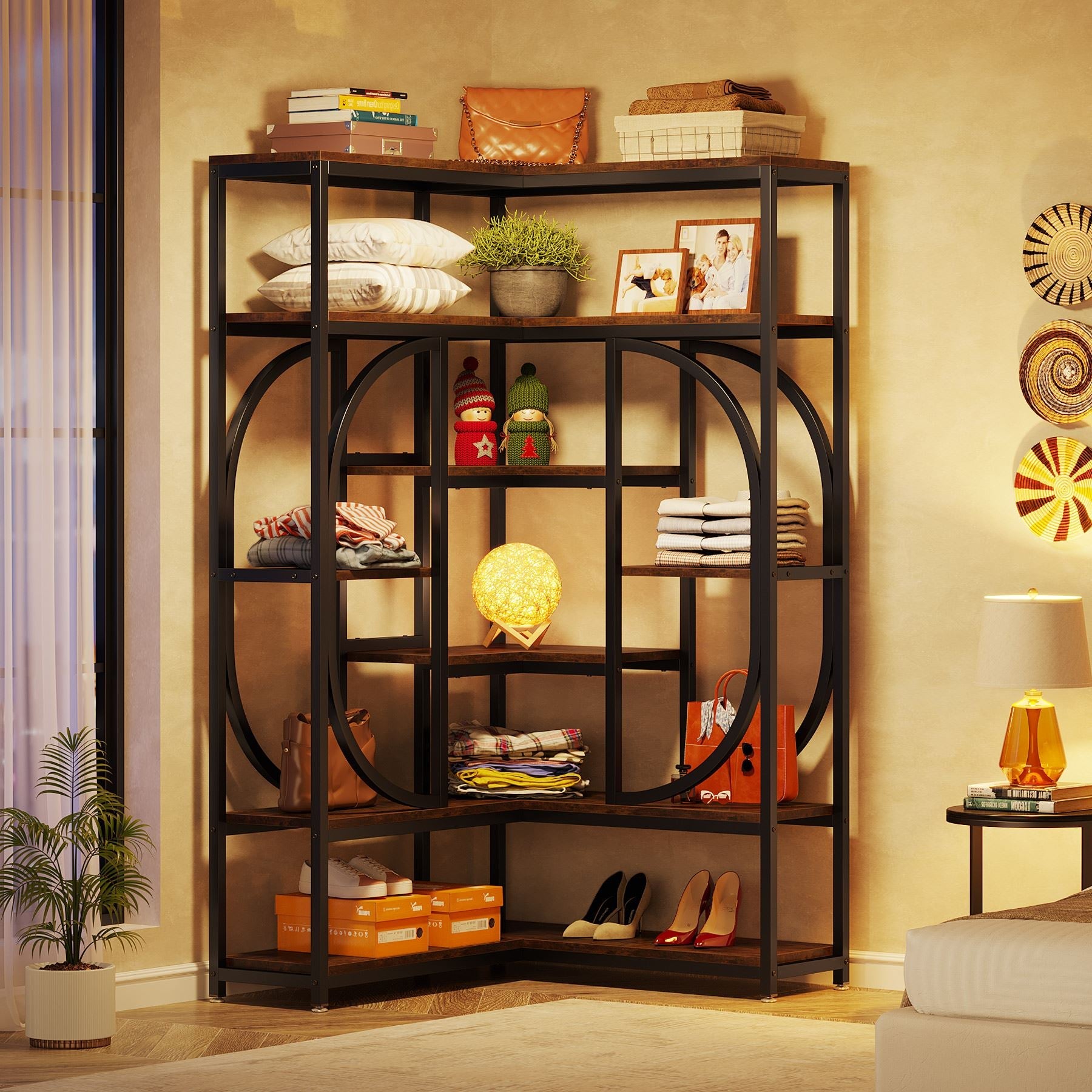 7-Shelf Corner Bookshelf, L-Shaped Bookcase Display Rack