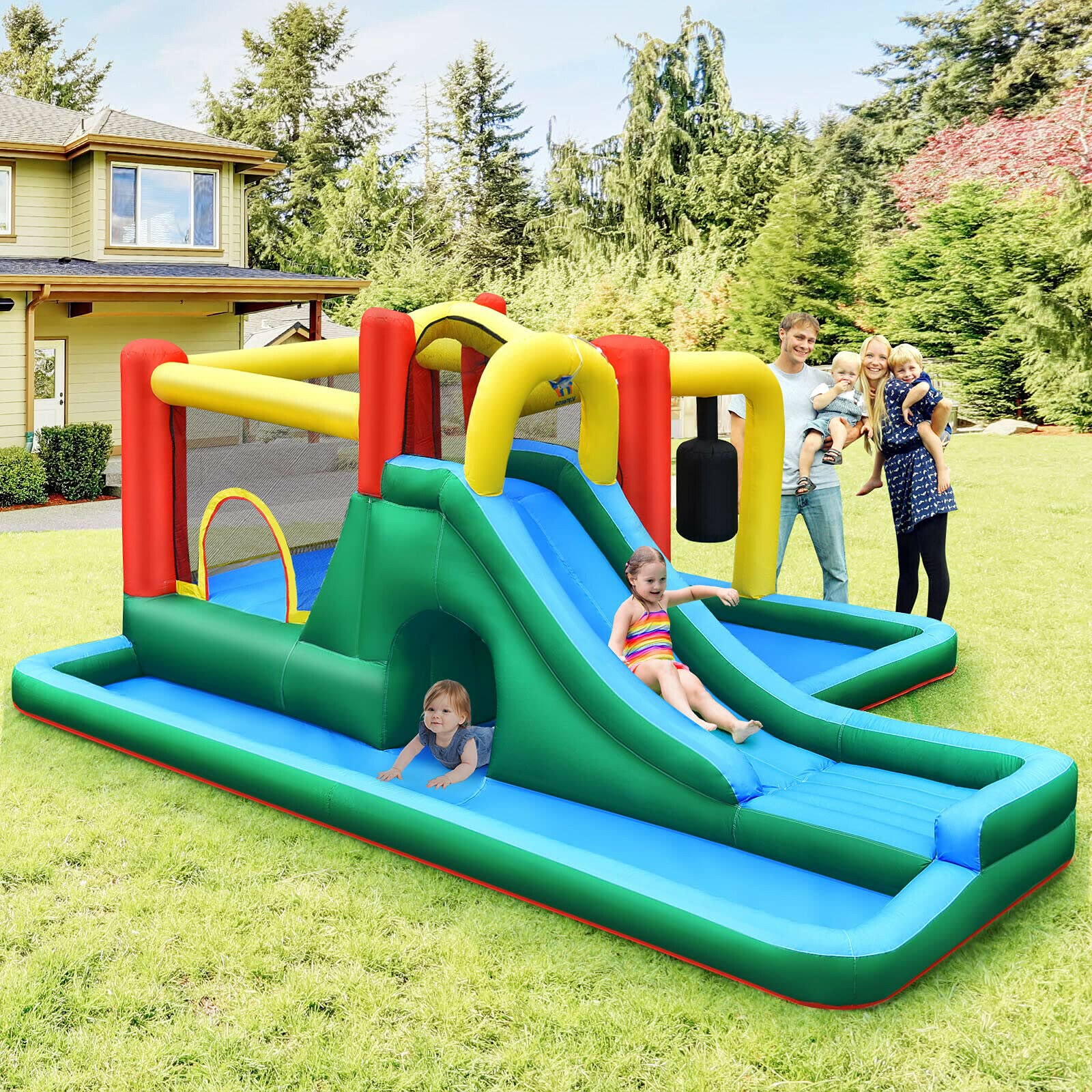 BOUNTECH 6-in-1 Kids Water Bounce House Jumping Castle for Wet Dry Combo with Long Slide