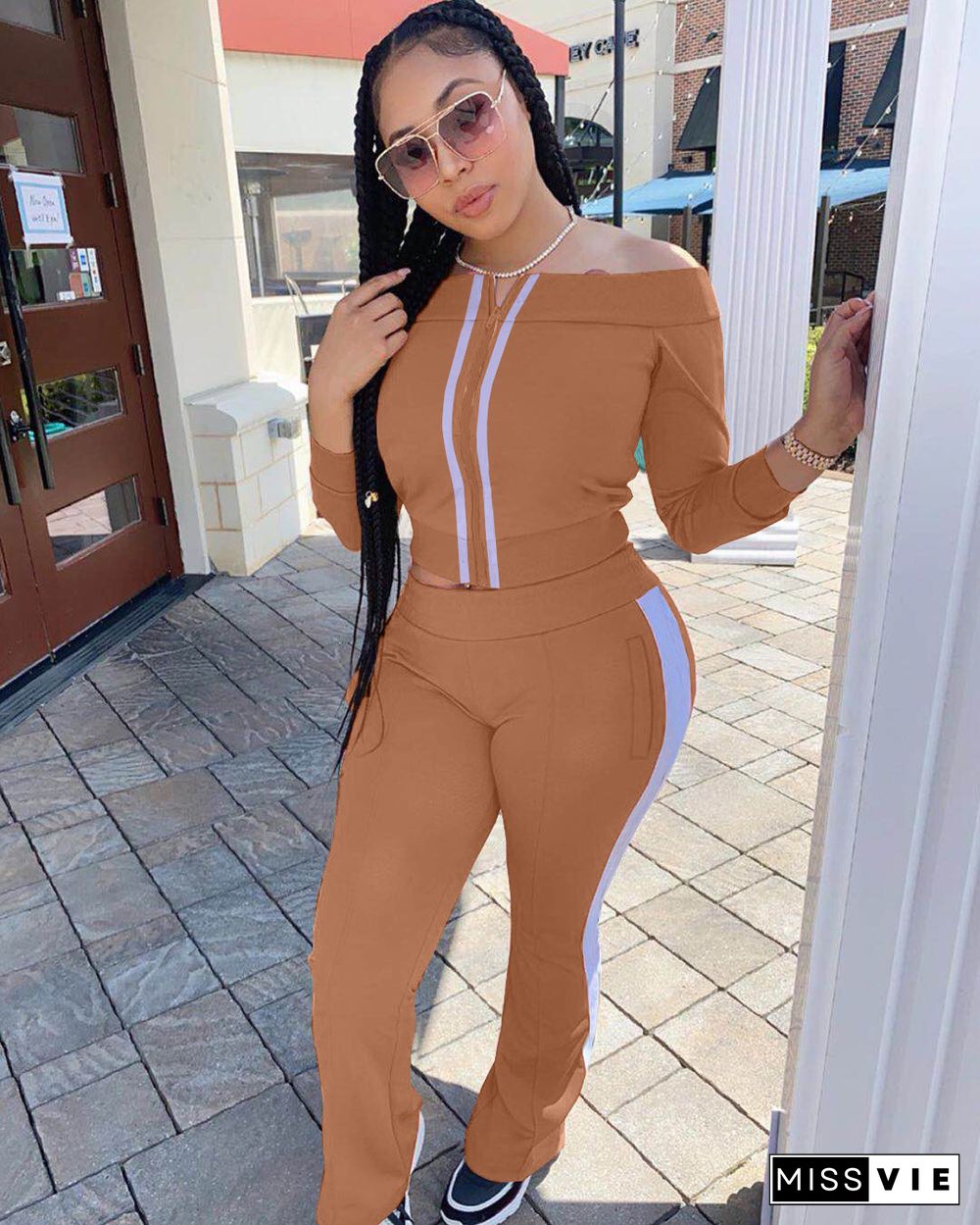 Solid Off Shoulder Zipper Top Side Striped Pants Sport Suit