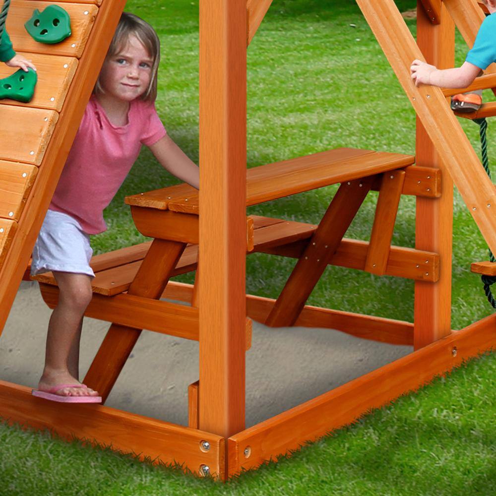 Gorilla Playsets Chateau Tower Wooden Outdoor Playset with Picnic Table Wave Slide Rock Wall Sandbox and Swing Set Accessories 01-0061-AP