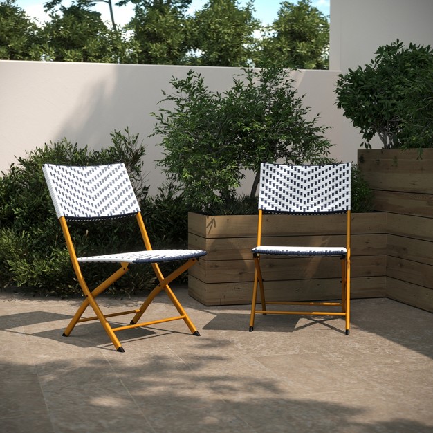 Flash Furniture Rouen Set Of Two Folding French Bistro Chairs In Pe Rattan With Metal Frames For Indoor And Outdoor Use