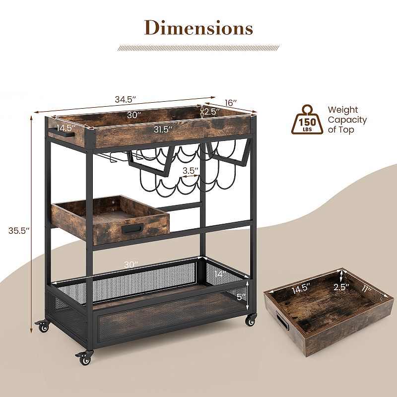 3-tier Industrial Buffet Serving Cart With Wine Rack