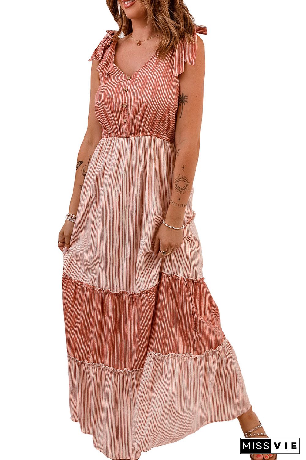 Tie Shoulder Striped Tiered Sleeveless Maxi Dress