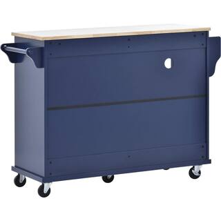 Dark Blue Kitchen Island on 5-Wheels with Storage Cabinet and Microwave Cabinet Solid Wood Desktop VJ1208KIsland7